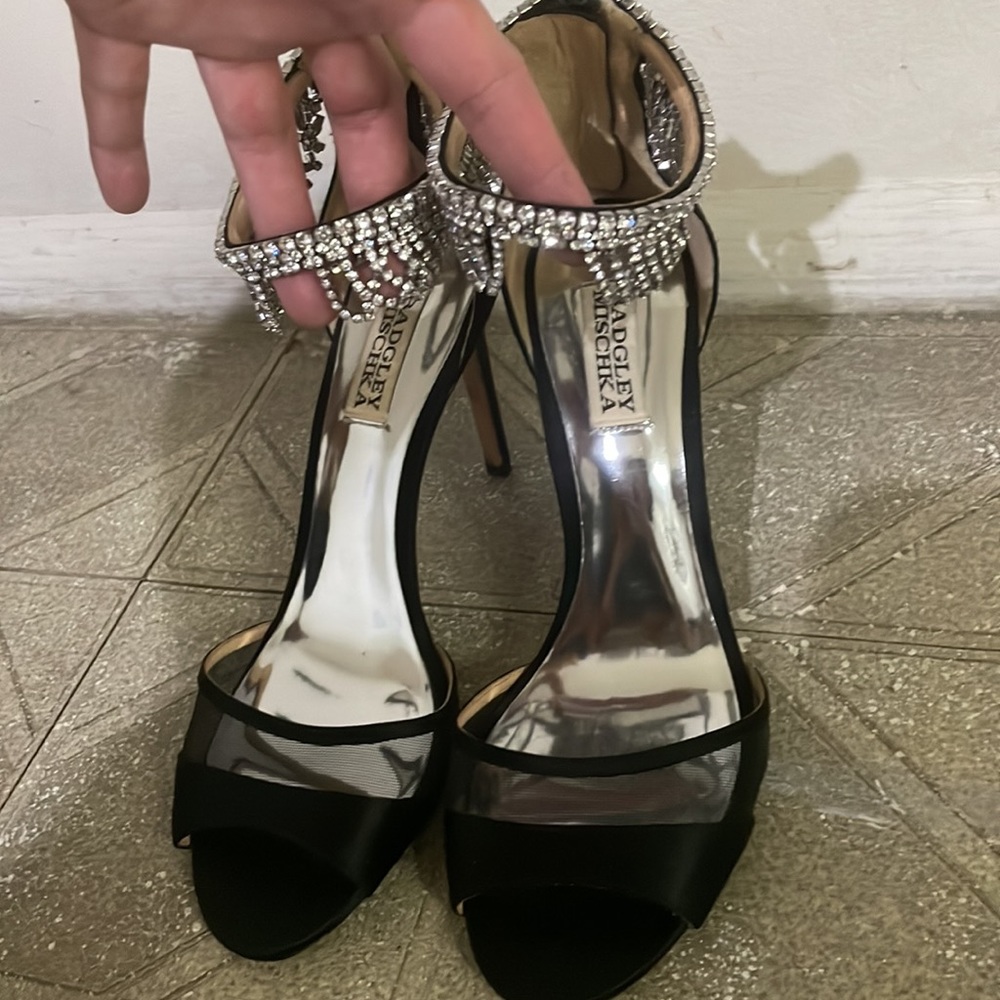 Badgley Mischka Crystals Strap Black Mesh Heels Shoes US 8